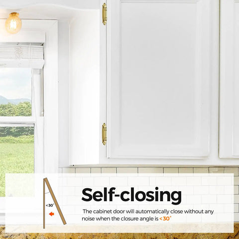 Top Shelf Gold Cabinet Hinges Four Pack Semi Concealed One Half Overlay close-up of self-closing hinge on white cabinet door.