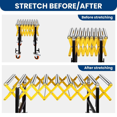 Heavy Duty Adjustable Roller Conveyor With Expandable Flex Deck And Smooth Glide Wheels Built Tough 660 Lb Capacity before and after stretching view.