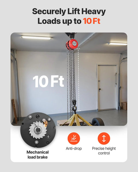 Installed overhead VEVOR hand chain hoist, red, 2-ton capacity with galvanized chain and 10 ft lift.