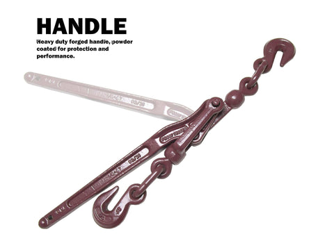 Heavy Duty Lever Load Binder One Quarter Inch Chain For Cargo Control And Tie Down Built Tough With Extra Strength And A 3150 Lbs Working Load Limit Forged Alloy Steel shown with maroon handle and hooks