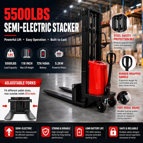 Rugged 5500 Lbs Semi Electric Pallet Stacker With 118 Inch Lift Height And Adjustable Steel Forks For Heavy Duty Warehouse Jobs Using Powerful 72V Battery in warehouse.