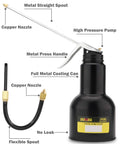Dowell pistol pump oiler front view: black metal can, 500ml/16oz, includes straight and flexible copper spouts
