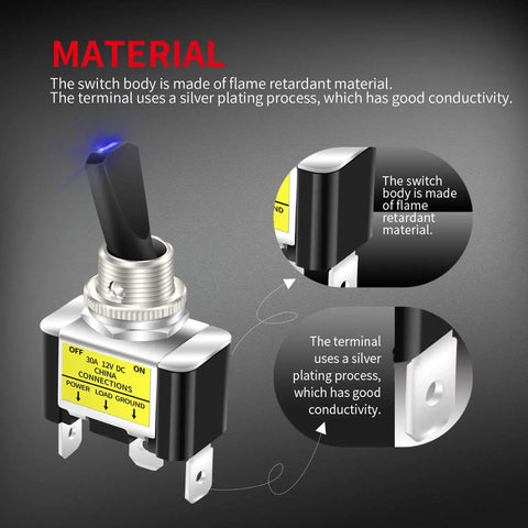 Blue LED Lighted Toggle Switch 12V 30A SPST On Off 3 Pin for Automotive Car Truck Rocker Style Illuminated, flame retardant material, silver-plated terminal