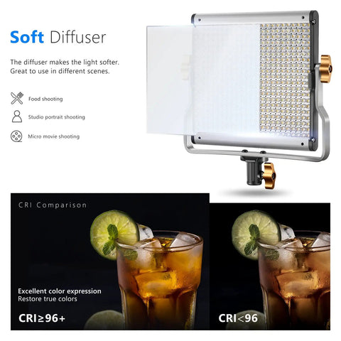 Dimmable Bi Color LED Video Light With U Bracket For Studio And YouTube Vlog Shoots, 480 LED Beads, CRI 96 Plus diffuser.