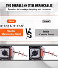Two durable MN steel drain cables comparison, highlighting flexible manganese steel vs brittle carbon steel for the electric drain cleaner.
