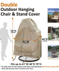 Patio Two Person Egg Chair Cover With Adjustable X Lock System And Zipper For Easy On Off Heavy Duty 100 Percent Waterproof 600D Oxford Hanging Swing Chair Winter Cover shown in beige with dimensions 78"H x 61"W x 48"D
