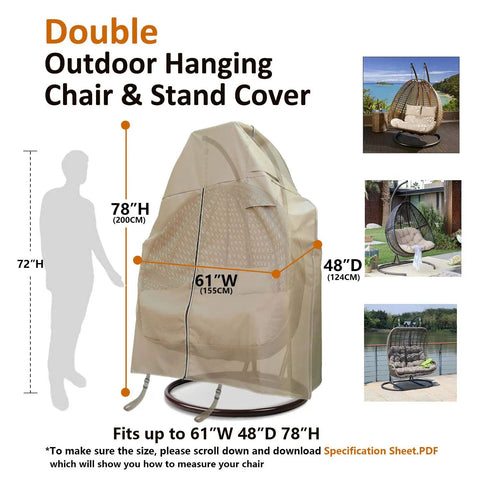 Patio Two Person Egg Chair Cover With Adjustable X Lock System And Zipper For Easy On Off Heavy Duty 100 Percent Waterproof 600D Oxford Hanging Swing Chair Winter Cover shown in beige with dimensions 78"H x 61"W x 48"D