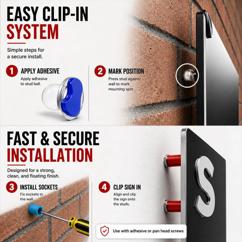 Easy installation steps for Clean Hidden Acrylic Standoff Mounts For Plexiglass Wall Signs With No Sweat Install Kit.