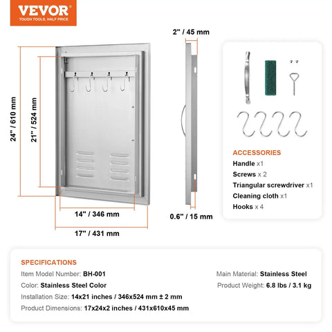 Stainless Steel Outdoor Kitchen Access Door 17W X 24H Inches Flush Mount with hooks, handle, and vent panel on display