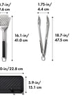 Dimensions of three piece grilling tool set including stainless steel turner, scalloped tongs and silicone tool rest.