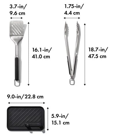 Dimensions of three piece grilling tool set including stainless steel turner, scalloped tongs and silicone tool rest.