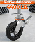 Set Of Four 8 Inch Workhorse Scaffolding Wheels With 1 3/8 Inch Solid Stem providing 1100 lb load rating each feature dual locking pins for rugged jobsite mobility - close-up of caster wheel with 4400 lb capacity.