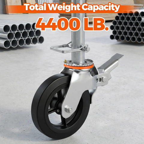 Set Of Four 8 Inch Workhorse Scaffolding Wheels With 1 3/8 Inch Solid Stem providing 1100 lb load rating each feature dual locking pins for rugged jobsite mobility - close-up of caster wheel with 4400 lb capacity.