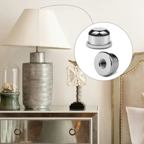 Table lamp with magnified view of silver iron lamp finial, 1/2 inch tall, 8 Pack 1/4-27 Lamp Finials, Shade Cap For Lamp Shade Bracket Harp Top.