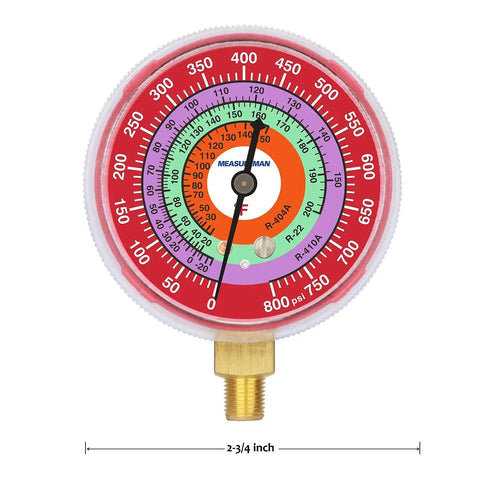 Refrigeration Pressure Gauge Kit With Dual Blue Dial And Red Dial, 2 3/4 Inch Dial, 1/8 Inch NPT Lower Mount, -30InHg To 0-250 PSI And 0-800 PSI Range, For R404A R22 R410A Servicing, For Easy Field Or Shop Use. 2-3/4 inch red dial gauge with brass lower mount