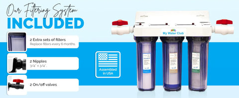 Whole House 3-Stage Water Filtration System With Three Quarter Inch Port, Dual Valves, And Extra One Year Filter Supply shown