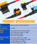 12V Fuse Tap Kit With Dual Slot Safety Design for Cars showing four types of adapters and 16 AWG wire gauge