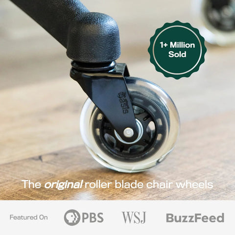 Original Office Chair Wheels Set Of Five For Smooth Quiet Casters Safe On Hardwood Floors And Carpet Universal Fit With Easy Installation And Lifetime Warranty That Outfits Your Desk Chair For Seamless Mobility. Close-up of a single rollerblade office chair wheel on hardwood.