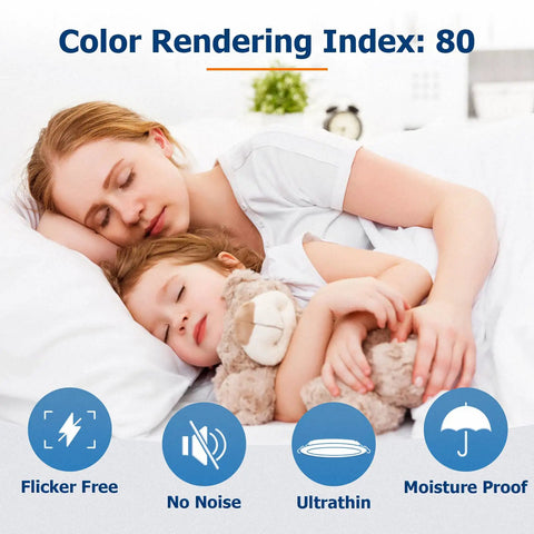 Mother and child sleeping with text on Six Pack 4 Inch Dimmable LED Recessed Downlights With 2700K 3000K 3500K 4000K 5000K Color Temperature.