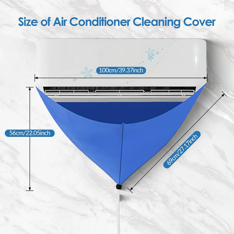 Waterproof Air Conditioner Cleaning Bag for Wall Mounted Mini Split Units in blue, installed, with dimensions shown.