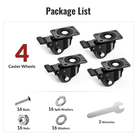 Badass 2 Inch Low Profile Casters With Total Lock Brakes And Durable Nylon Wheels Heavy Duty 2200 Lb Capacity Per Set shown with 4 caster wheels and hardware.