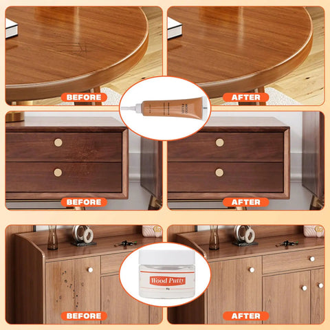 Top Shelf Wood Filler Repair Kit With Durable Putty To Easily Patch Up Deep Scratches Cracks And Dents On Beat Up Furniture Sweet Finish Pro Fix Set before and after repair images of a table and drawers.