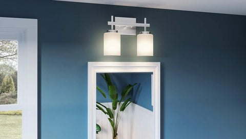 Two Light Polished Chrome Bath Light With Opal Etched Glass Shades For A Warm Milky Glow Durable Steel Construction Clean Polished Look