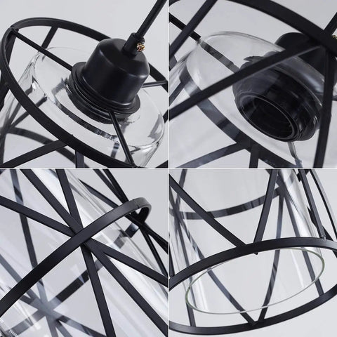 Close-up views of Black Industrial Metal Pendant Light With Clear Glass Shade for kitchen island, showcasing metal detailing.
