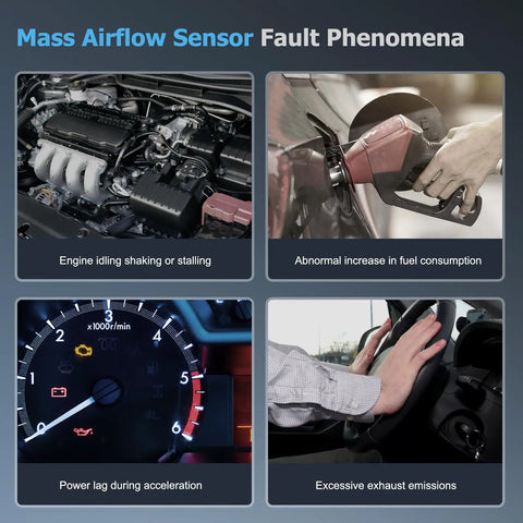 Diagram showing Mass Airflow Sensor (MAF) fault phenomena including engine idling issues, fuel consumption, power lag, and emissions.
