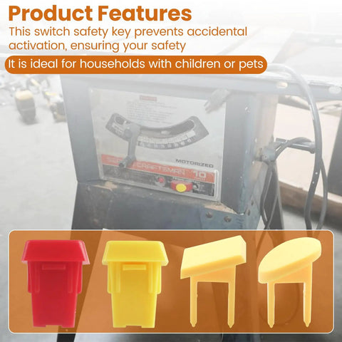 Knockout Heavy Duty Table Saw Safety Switch Keys drop in power tool interlock keys in red and yellow displayed with machine.
