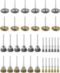 QWORK 36-piece brass and stainless steel wire brush kit for rotary tools, with wheel and cup brushes.