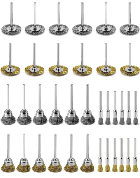 QWORK 36-piece brass and stainless steel wire brush kit for rotary tools, with wheel and cup brushes.