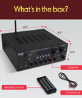 Home Karaoke Amp Receiver With Bluetooth Streaming And Two Hundred Watt Peak Power Dual Mic Inputs With Delay And Reverb Two Point Oh Channel Hi Fi Sound System USB A MP3 Player RCA And Aux, showing amplifier with dimensions, remote control, and FM antenna.
