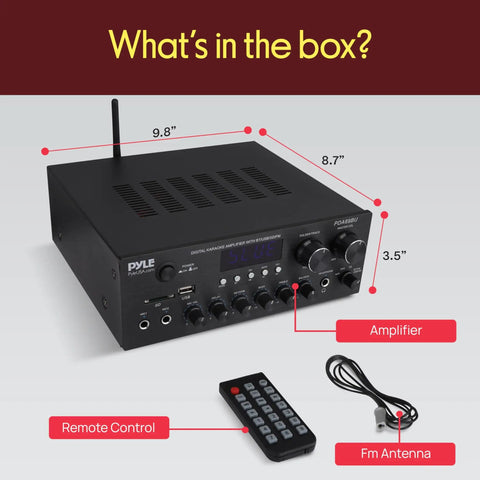 Home Karaoke Amp Receiver With Bluetooth Streaming And Two Hundred Watt Peak Power Dual Mic Inputs With Delay And Reverb Two Point Oh Channel Hi Fi Sound System USB A MP3 Player RCA And Aux, showing amplifier with dimensions, remote control, and FM antenna.