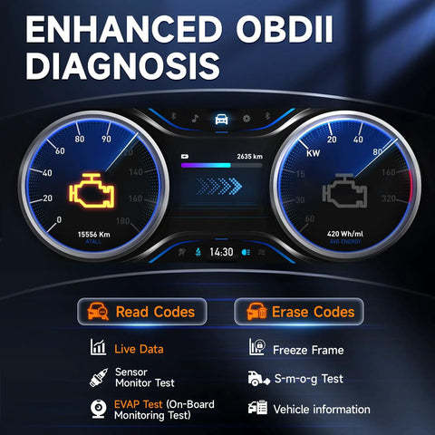 Enhanced OBDII diagnosis features of NT301 Plus 2 In 1 OBD2 Scanner And Battery Tester For Cars And Trucks Code Reader.