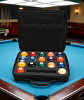 17 Slot Billiard Ball Case With Foam Lining And Mesh Pouch Adjustable Shoulder Strap And Dual Zip Closure Holds Standard 2 1 4 Inch Pool Balls Keeps Full Set Organized And Ready To Transport on a pool table