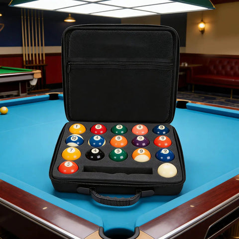 17 Slot Billiard Ball Case With Foam Lining And Mesh Pouch Adjustable Shoulder Strap And Dual Zip Closure Holds Standard 2 1 4 Inch Pool Balls Keeps Full Set Organized And Ready To Transport on a pool table