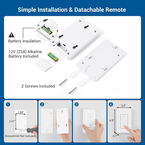 Three Way Wireless Light Switch And Receiver Kit With Remote for Ceiling Lights Fans and Lamps showing installation with screws included