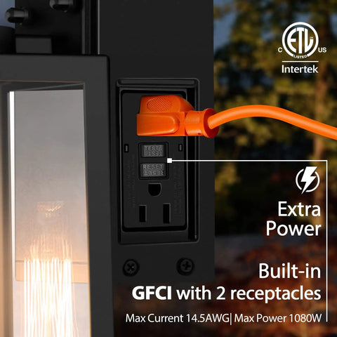Dusk To Dawn Motion Sensor Porch Light With Built In GFCI Outlet showcasing power outlet and plug connection