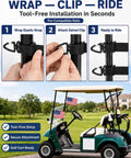 Hands attaching elastic strap and swivel clip for Premium Golf Cart American Flag 2 Pack 6X9 Inch Satin Patriotic Banner.