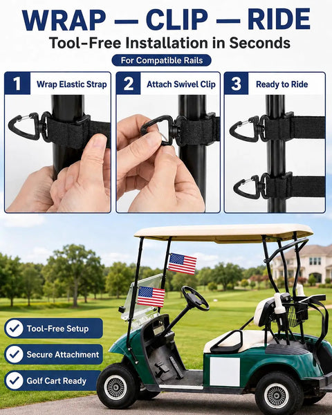 Hands attaching elastic strap and swivel clip for Premium Golf Cart American Flag 2 Pack 6X9 Inch Satin Patriotic Banner.