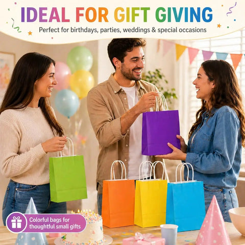 15 Pcs Gift Bags With Handles Bulk Kraft Paper Bags For Gift Wrapping Party Favors And Small Gifts Perfect For Birthdays Valentines Christmas Craft Projects And Everyday Use shown in rainbow colors during a gift exchange.