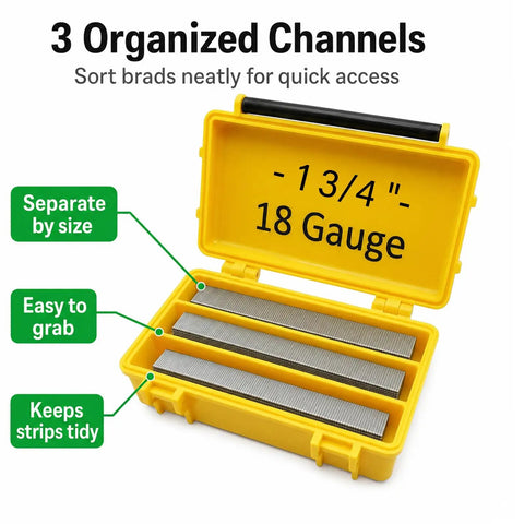 Heavy Duty Hard Shell 18 Gauge Brad Nail Strip Keeper Case with organized channels for storing neat brads securely.