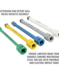 Torque Sticks Half Inch Drive Set Five Piece Torque Limiting Extensions For Lug Nut Protection Keeps Sockets From Getting Dinged Extends Life Of Thin Wall Impact Sockets Color Coded Storage Case Included displayed on a white background with color coding and material text