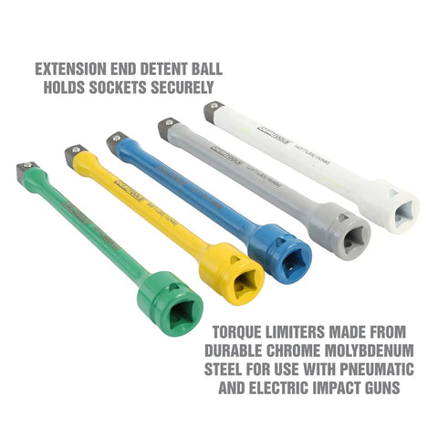 Torque Sticks Half Inch Drive Set Five Piece Torque Limiting Extensions For Lug Nut Protection Keeps Sockets From Getting Dinged Extends Life Of Thin Wall Impact Sockets Color Coded Storage Case Included displayed on a white background with color coding and material text