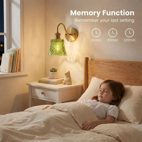 YUNICE Rechargeable Wall Sconces Set of 2 Battery Operated Wall Sconce with Remote Control Dimmable Green Glass Lampshade in bedroom.