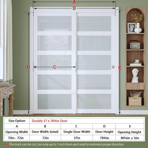 Bypass Sliding Closet Door Set, 72 By 80 Inches, Double 37 Inch Panels, 5 Lite Frosted Glass doors installed in a room.