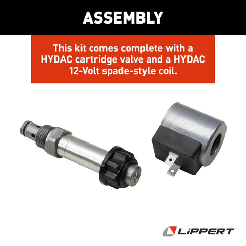HYDAC Cartridge Valve Assembly And 12-Volt Spade-Style Coil Replacement Kit For Hydraulic RV Slide-Out System, Leak-Free Up To 5000 PSI