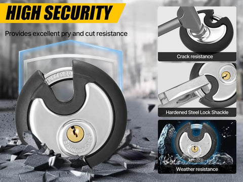 Outdoor Stainless Steel Disc Padlock With Waterproof Shield And Rubber Bumper for sheds, gates, bolt cutter resistant security.