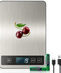 Home Chef Friendly Digital Kitchen Scale With 33 Lb Capacity, USB Rechargeable, cherries on display, batteries and charger visible
